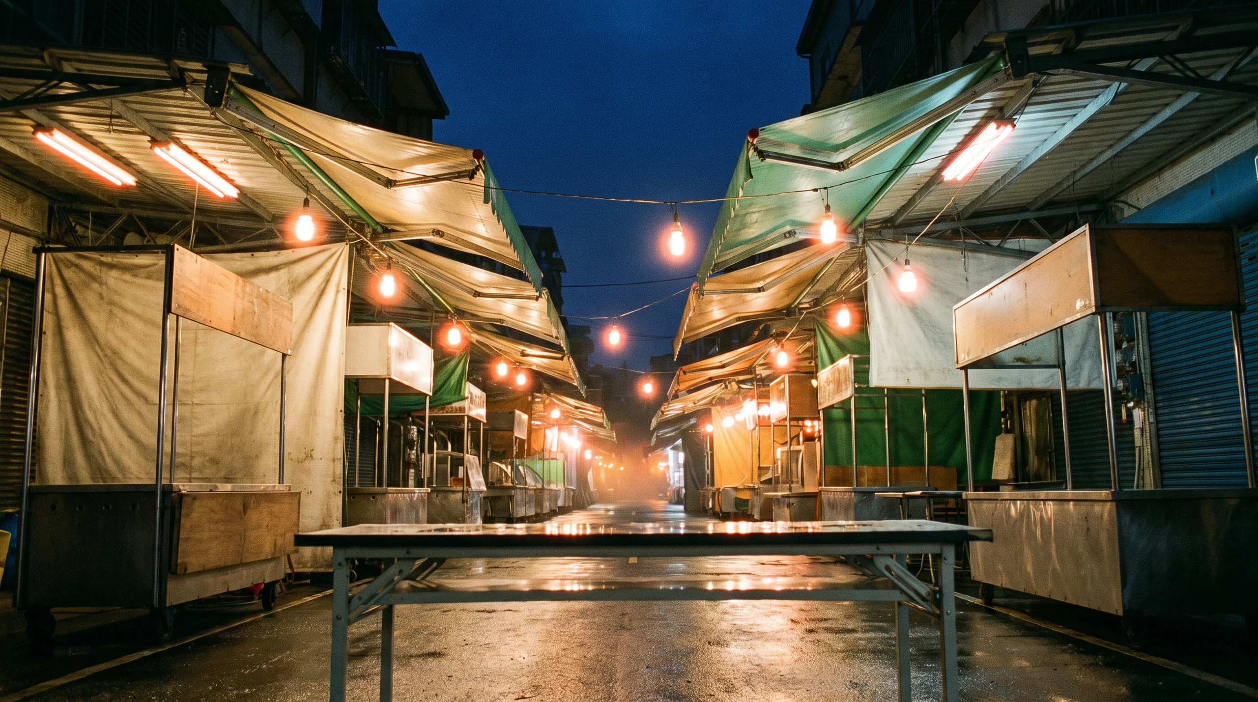 雨後的夜市街道，攤棚的燈還亮著