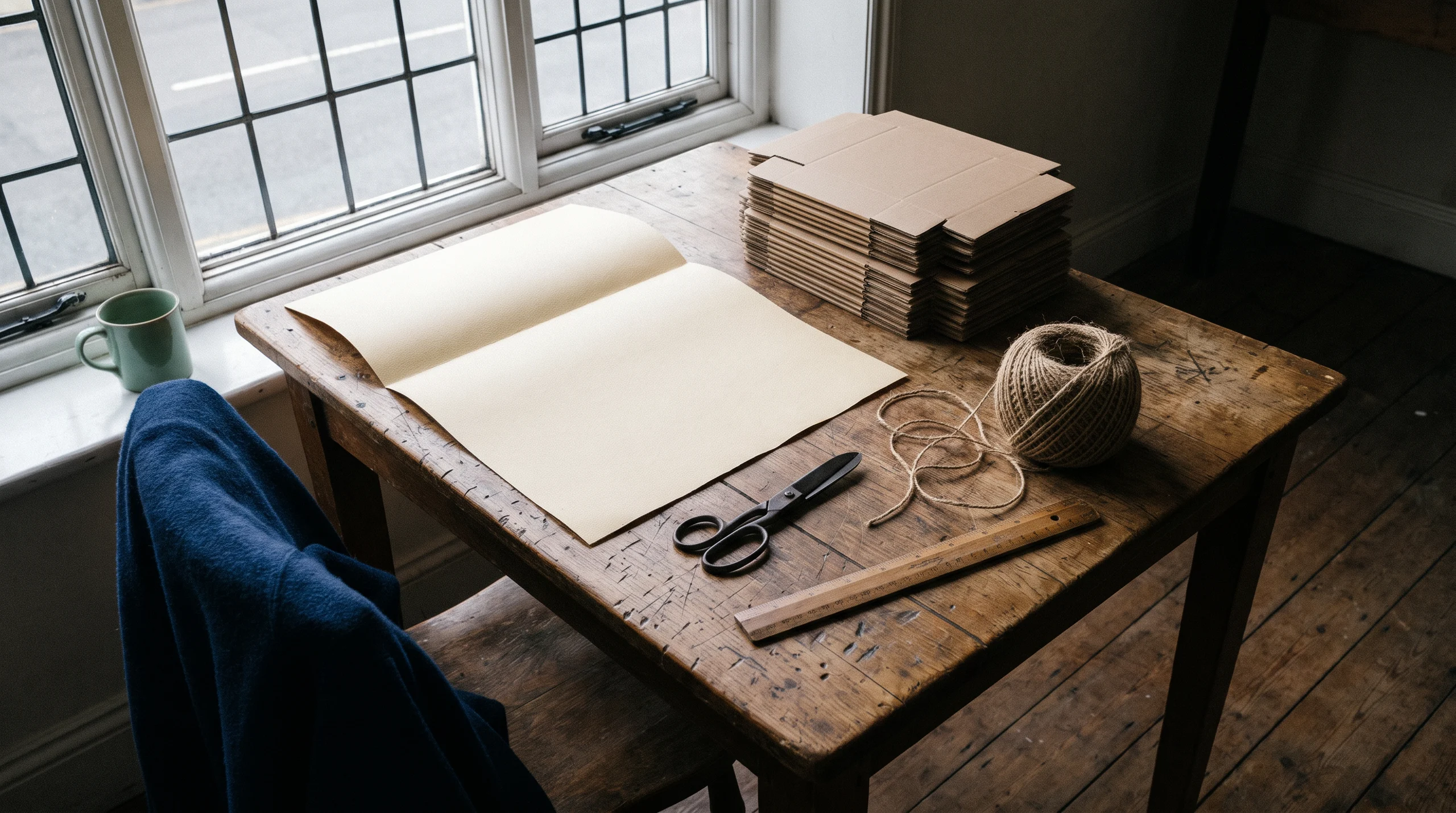A wrapping table with brown paper, twine and scissors by a window