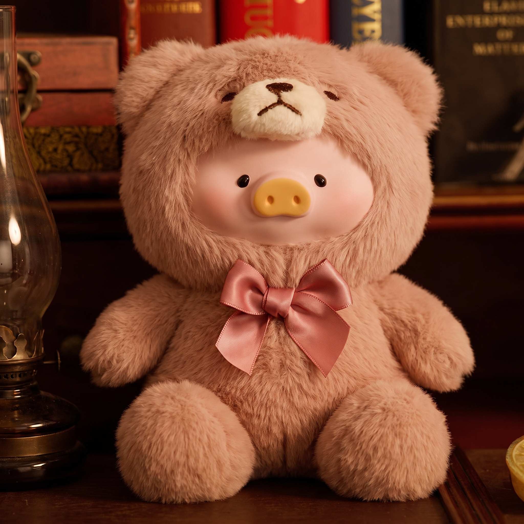 The pink bear on a lit retail shelf.