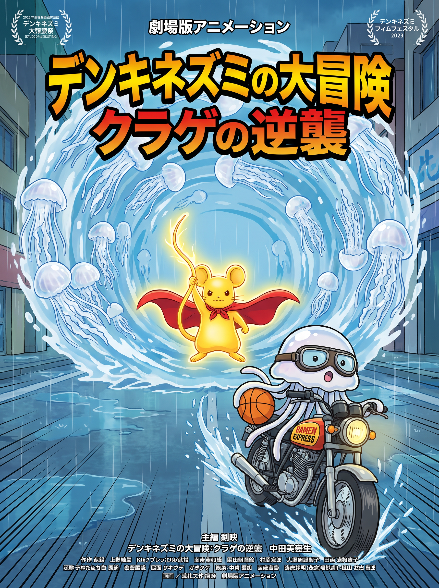 A fake anime cinema poster: a jellyfish riding a motorcycle through a neon street.