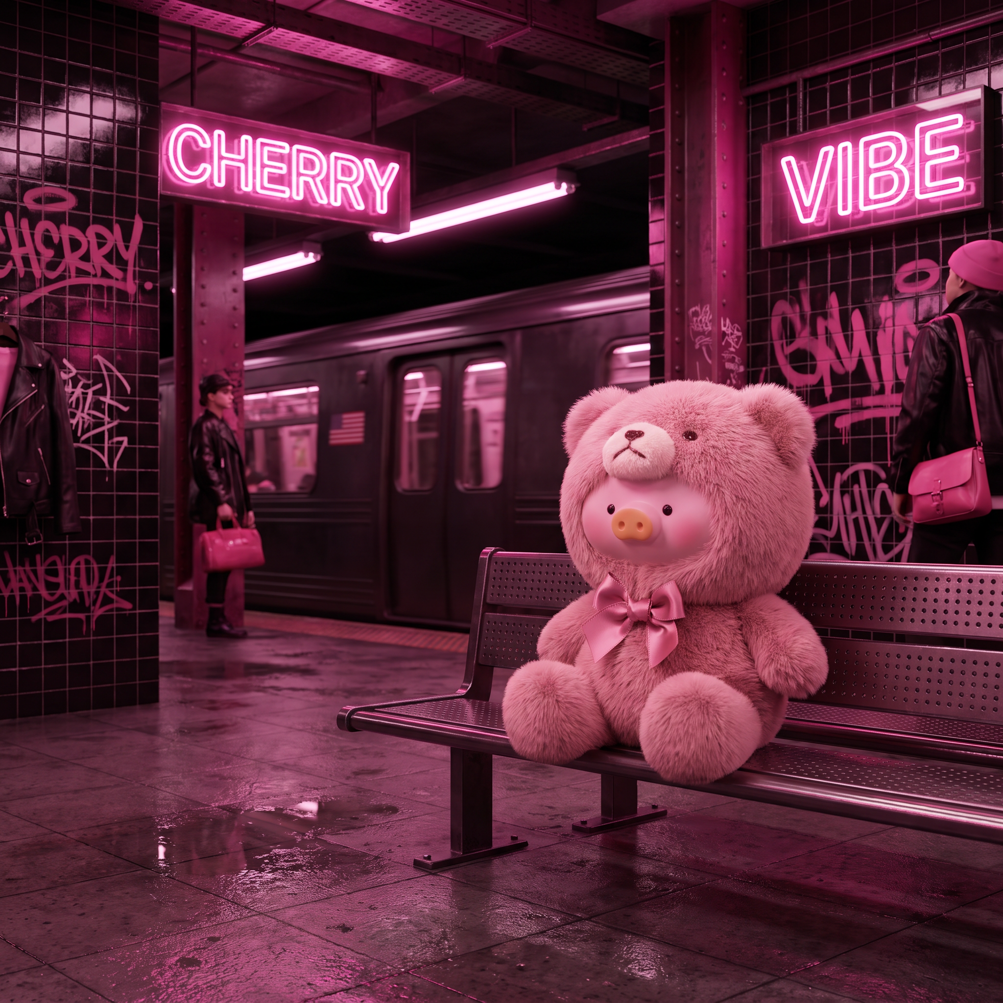 The pink bear sitting on a subway bench under a CHERRY VIBE neon sign.
