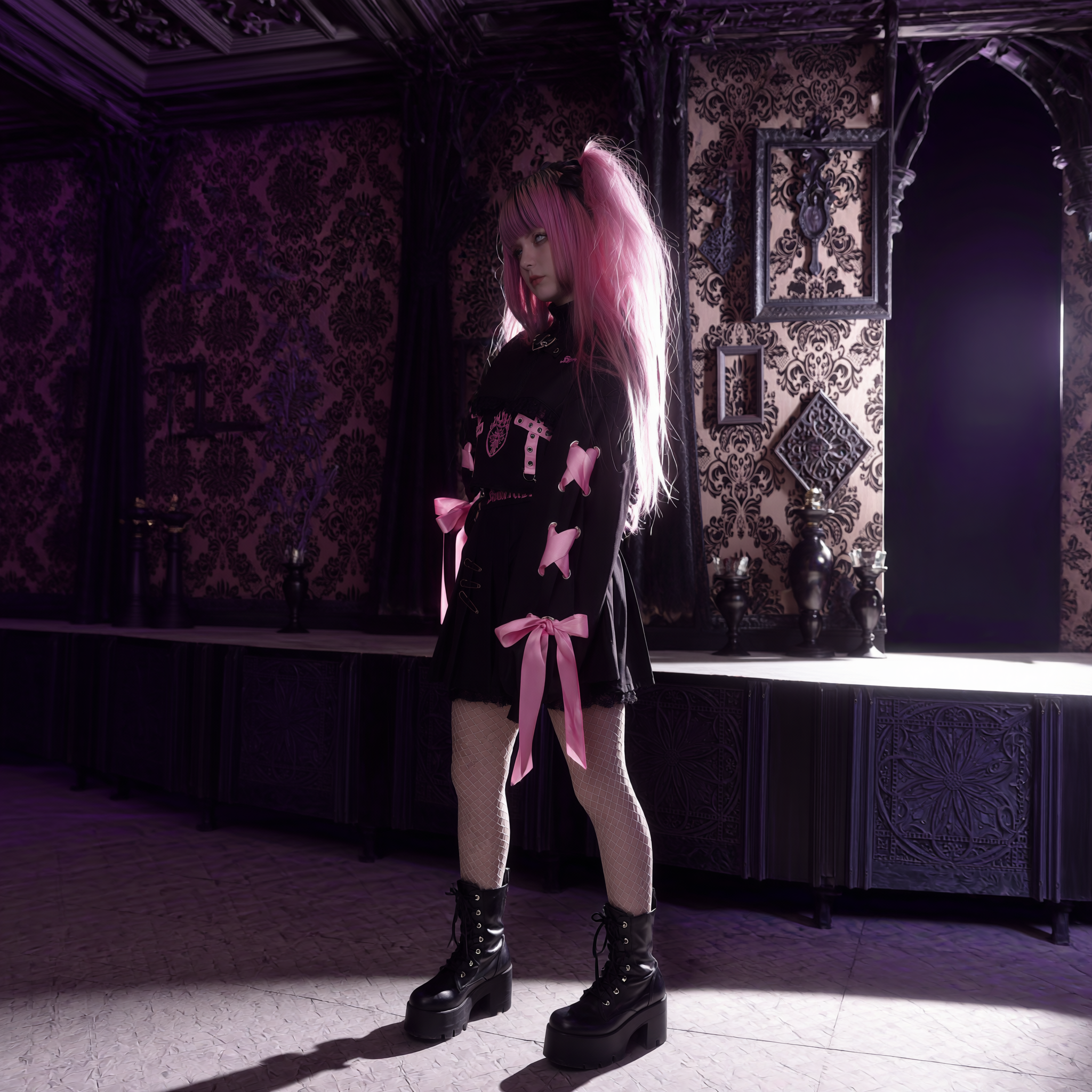 Studio portrait in low light, the laced set on a dark ground.